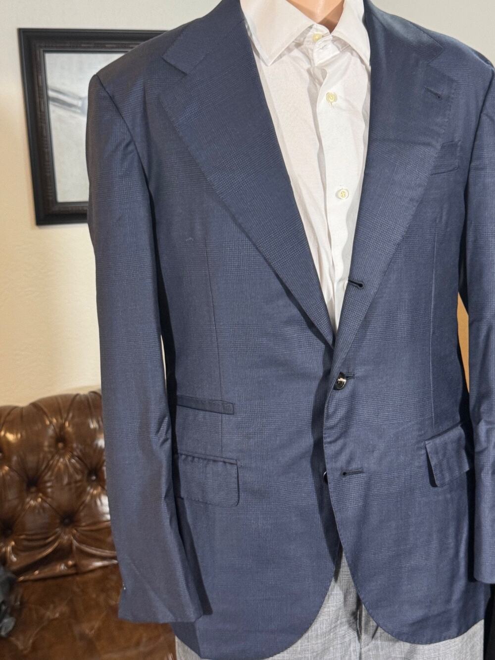 Brunello Cucinelli Navy Prince of Wales Houndstooth 50R 40R Blazer Jacket